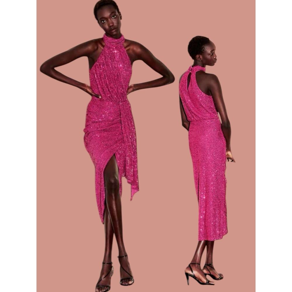 Saylor Shana Cocktail Sequin Dress Pink Halter Sheath Midi Hi Lo Medium M